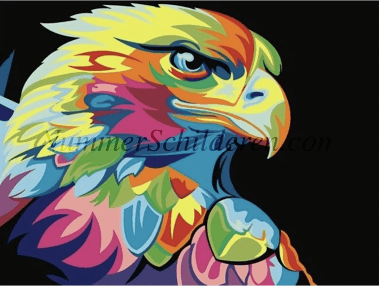 Diamond Painting Kleurrijke arend op zwarte achtergrond voorbeeldafbeelding van het volledige ontwerp