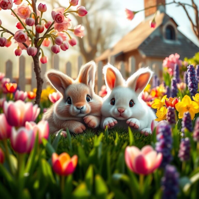 Diamond Painting Knuffelende konijnen in de tuin voorbeeldafbeelding van het volledige ontwerp