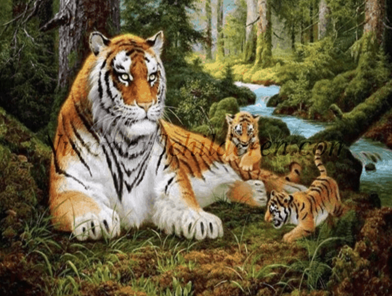 Diamond Painting Leeuw met twee welpen voorbeeldafbeelding van het volledige ontwerp