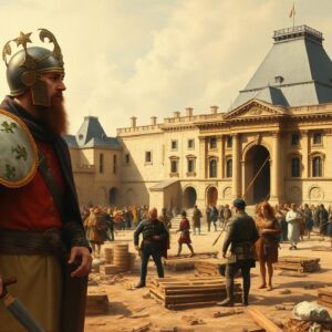 Diamond Painting Middeleeuws Louvre: Bouwsteen van Parijs voorbeeldafbeelding van het volledige ontwerp