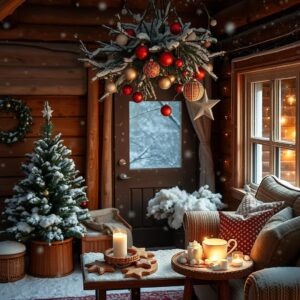 Diamond Painting Sfeervolle kerstboom door het raam voorbeeldafbeelding van het volledige ontwerp