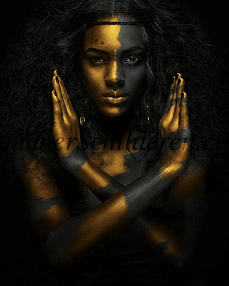 Diamond Painting Stoere vrouw met camouflage voorbeeldafbeelding van het volledige ontwerp
