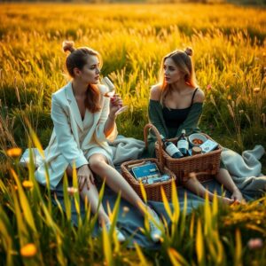 Diamond Painting Vriendinnen picknicken in de wei voorbeeldafbeelding van het volledige ontwerp