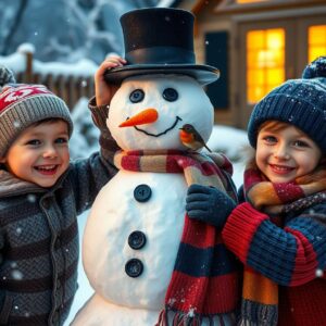 Diamond Painting Vrolijke Kinderen Maken Sneeuwpop voorbeeldafbeelding van het volledige ontwerp