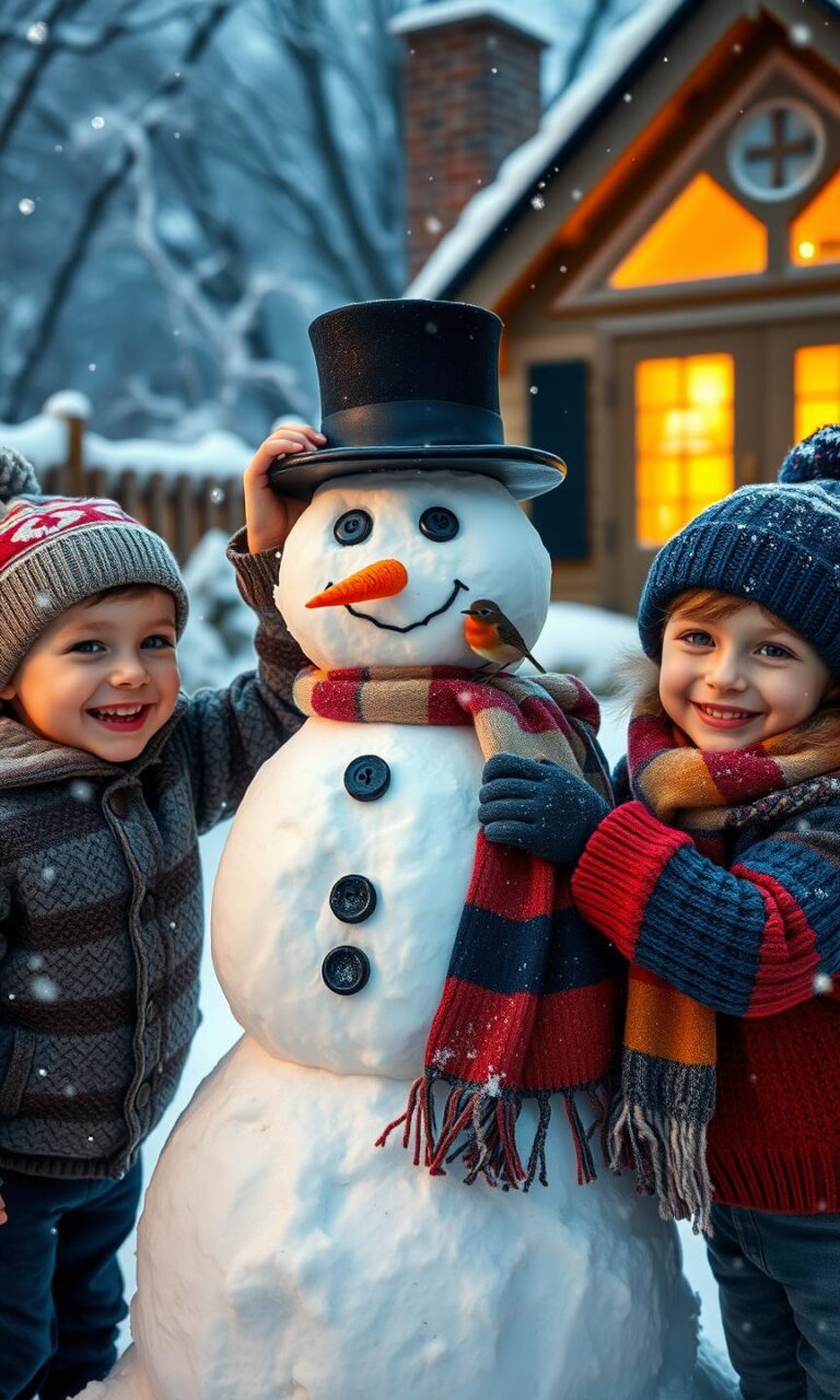 Diamond Painting Vrolijke Kinderen Maken Sneeuwpop voorbeeldafbeelding van het volledige ontwerp
