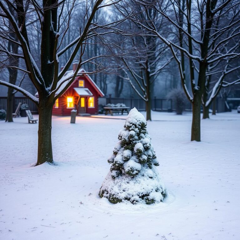 Diamond Painting Warm winterlicht op besneeuwde bomen voorbeeldafbeelding van het volledige ontwerp