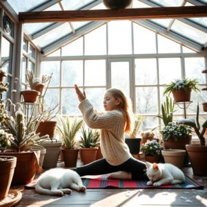 Diamond Painting Yoga in de winterse serre voorbeeldafbeelding van het volledige ontwerp
