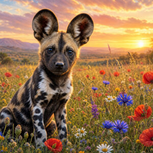 Afrikaanse wilde hond pup tussen een zee van kleurrijke bloemen