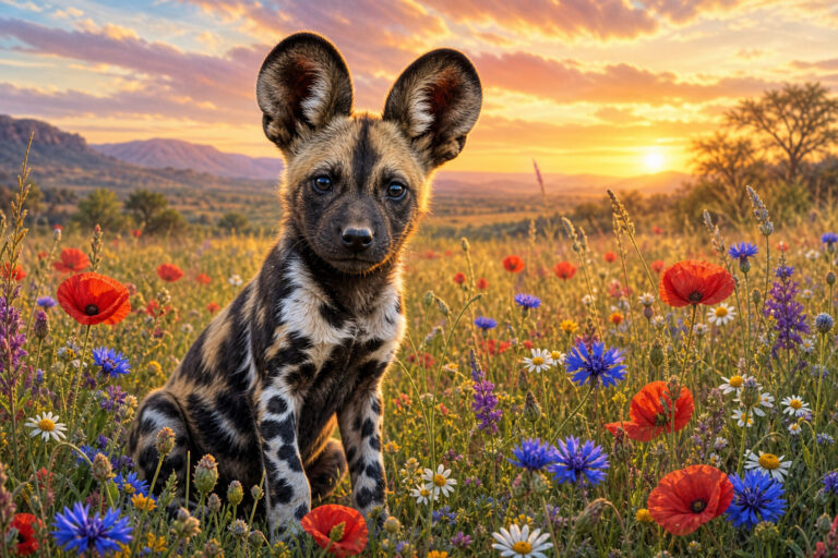 Afrikaanse wilde hond pup tussen een zee van kleurrijke bloemen