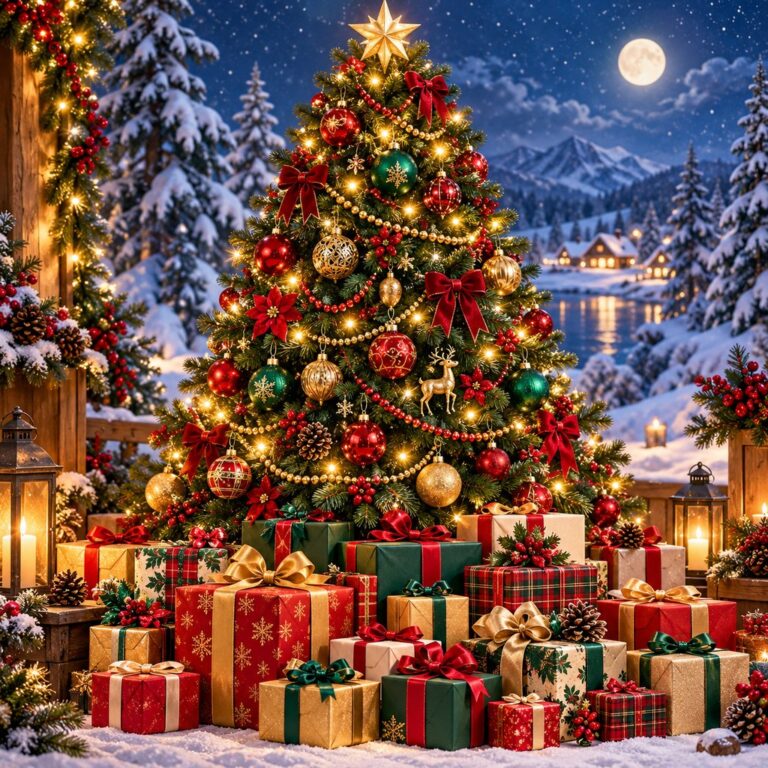 Diamond Painting Kerstboom met Cadeaus voorbeeldafbeelding van het volledige ontwerp