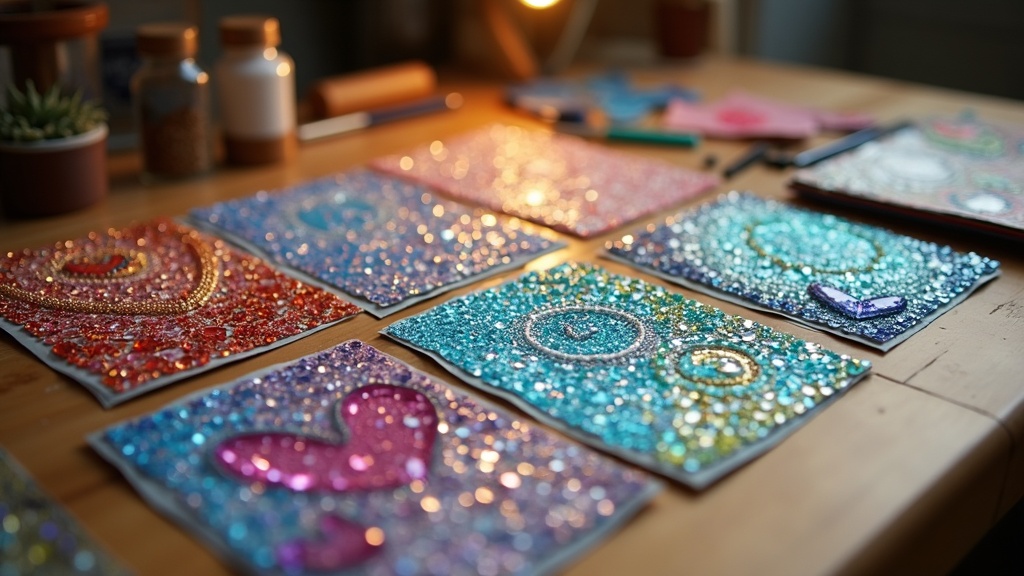Diamond painting kaarten maken op een houten tafel met kleurrijke steentjes
