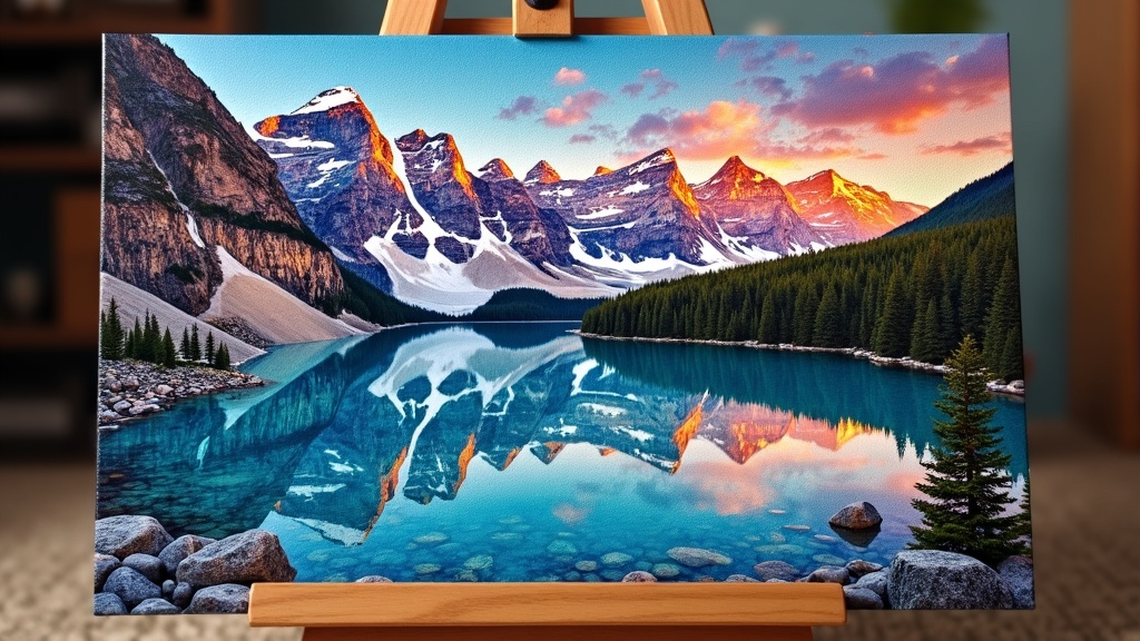 Diamond painting berglandschap met meer bij zonsondergang