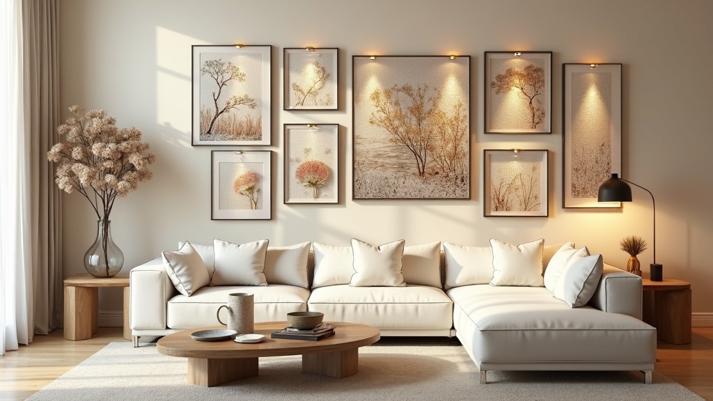 Gallery wall met meerdere ingelijste diamond paintings in woonkamer