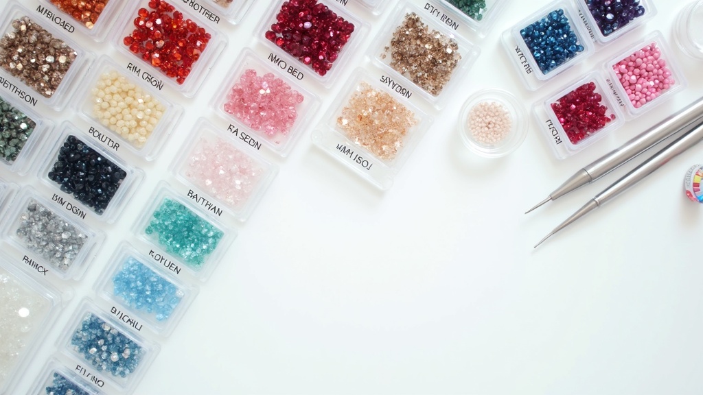 Georganiseerde diamond painting werkplek met gesorteerde steentjes in bakjes