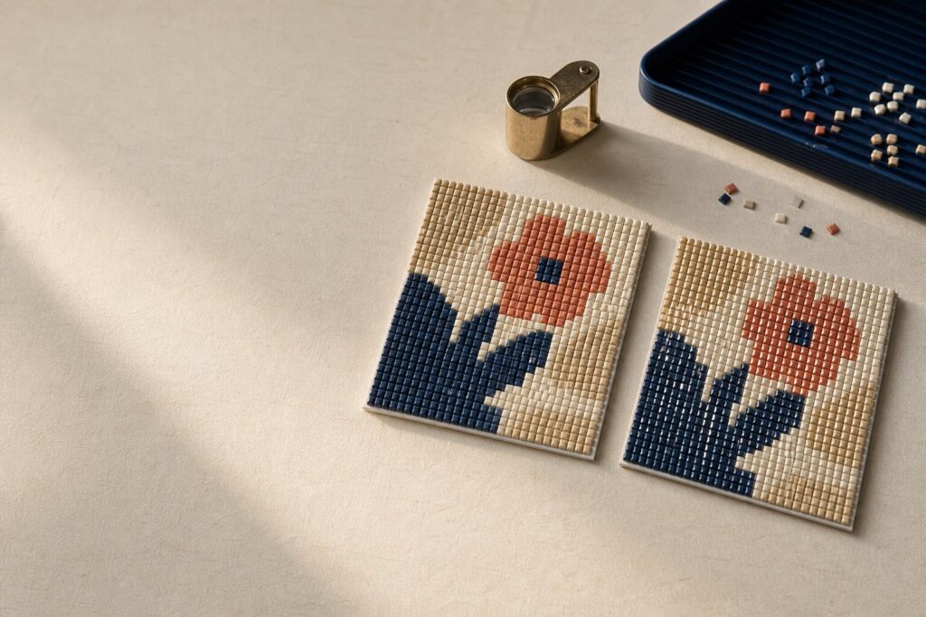 Twee diamond painting proefpanelen tonen een rustige en sterkere lichtreflectie op een warme werktafel