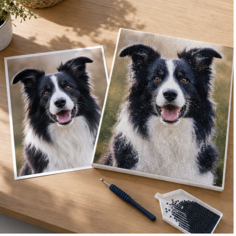 Voorbeeldweergave: eigen hondenfoto naast de persoonlijke diamond painting
