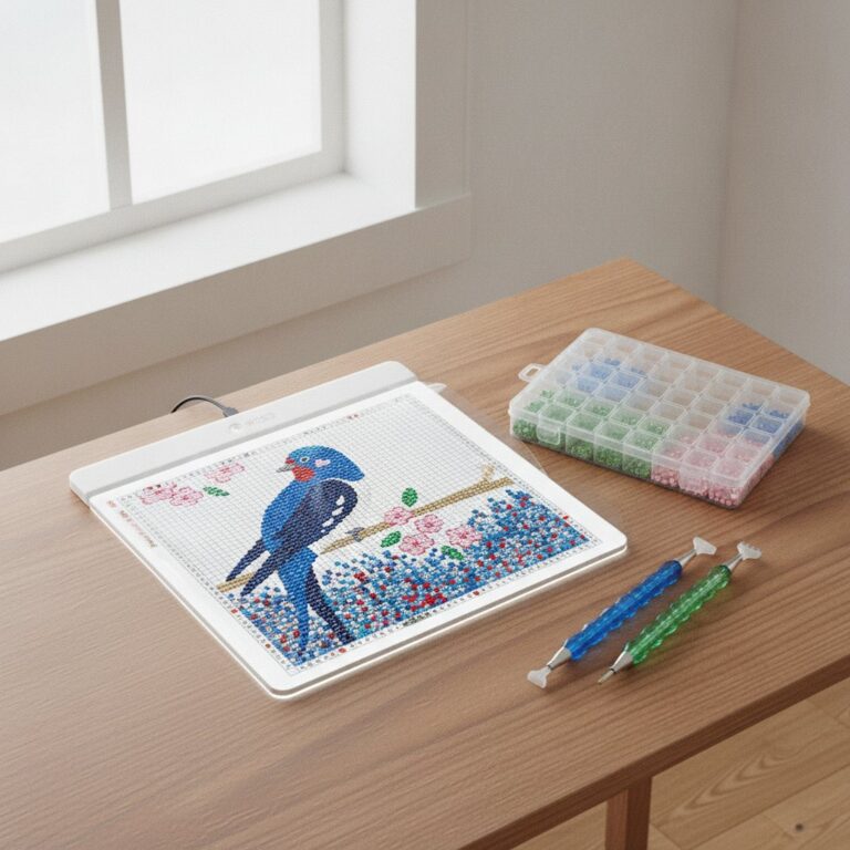 Diamond painting Vogeltje half gelegd op een brandende lightpad, met sorteerdoos en twee pennen op een houten tafel