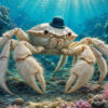 Grote yeti-krab met een klein hoedje in een kleurrijke onderwaterwereld