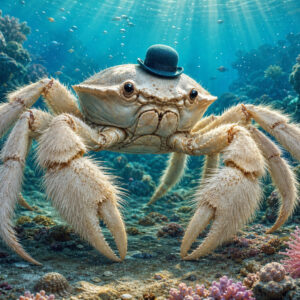 Grote yeti-krab met een klein hoedje in een kleurrijke onderwaterwereld