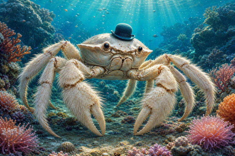 Grote yeti-krab met een klein hoedje in een kleurrijke onderwaterwereld