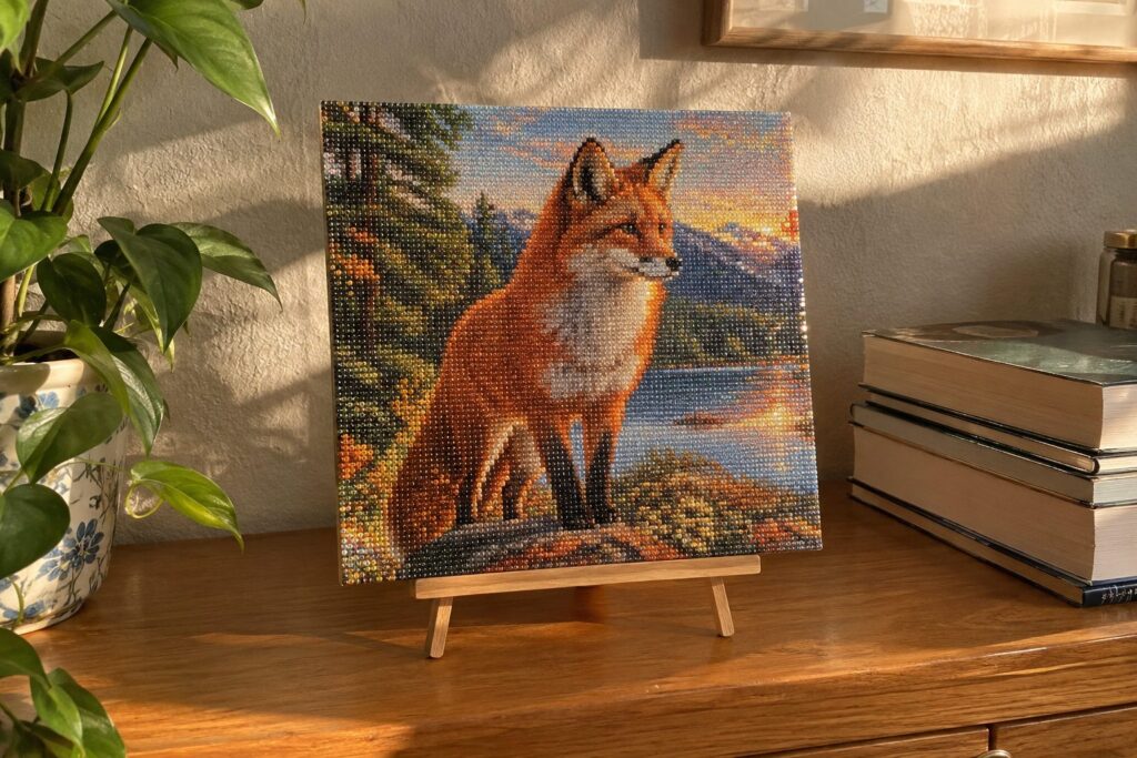 Vierkante diamond painting van een vos op een houten tafelezel op een eikenhouten dressoir