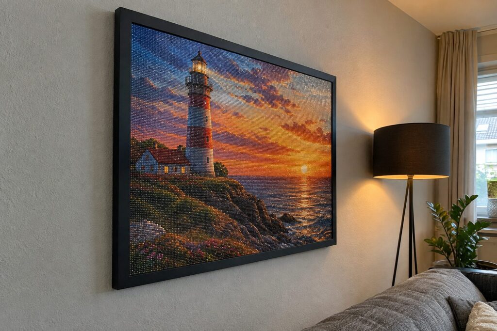 Diamond painting van een vuurtoren in een zwarte lijst met ontspiegeld glas aan een lichtgrijze muur