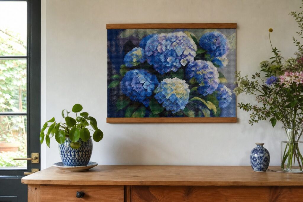 Diamond painting van blauwe hortensia's tussen twee eikenhouten posterlatten boven een dressoir