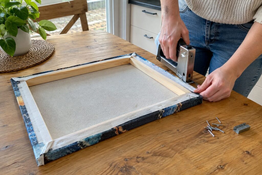 Handen nieten een diamond painting-doek om een houten spieraam op de keukentafel