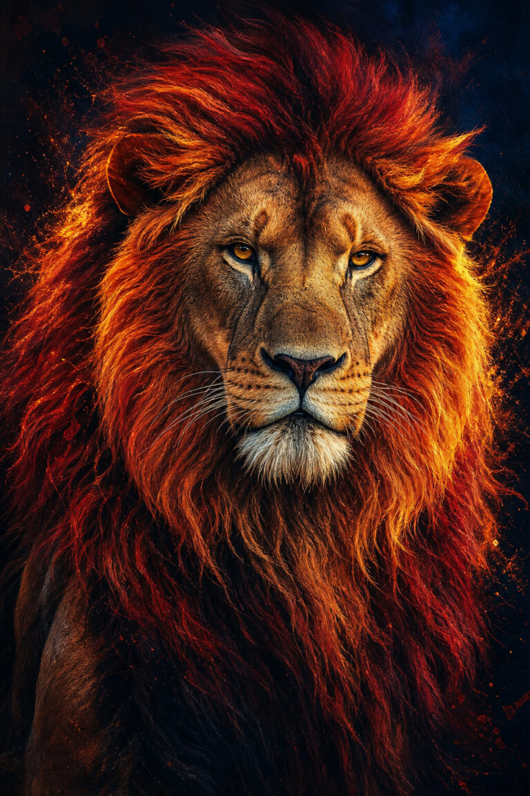 Rode leeuw met vurige manen als diamond painting ontwerp