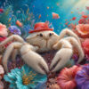 Vrolijke yeti-krab met hoedje in een kleurrijke bloemenzee