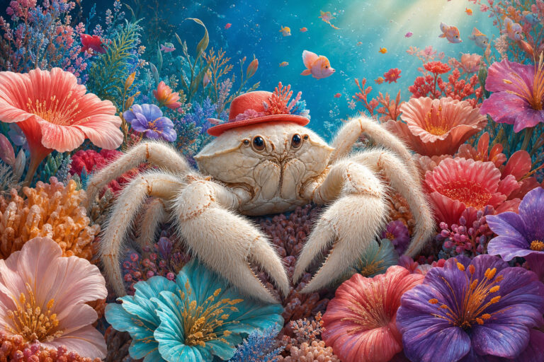 Vrolijke yeti-krab met hoedje in een kleurrijke bloemenzee