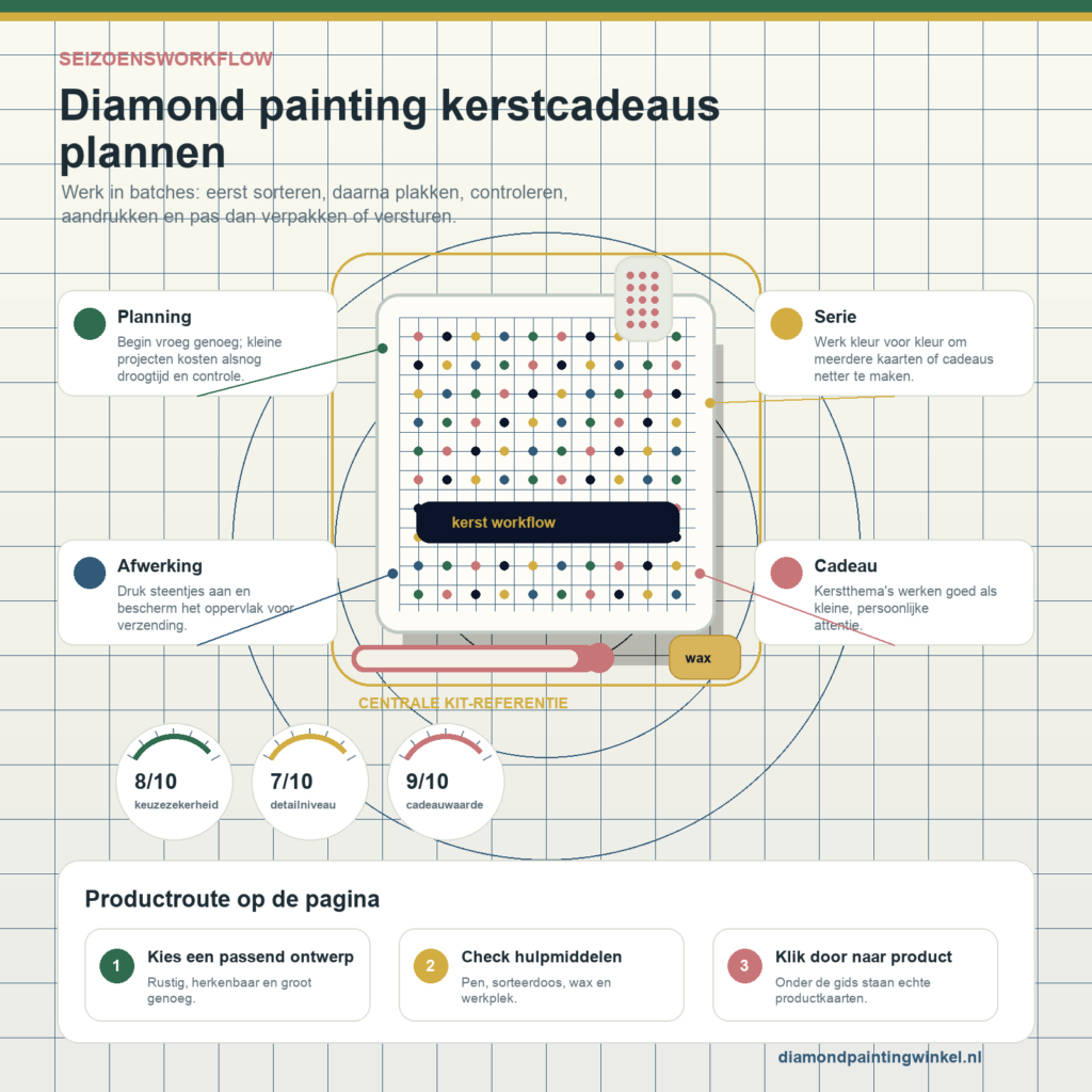 Premium reference infographic voor Diamond painting kerstkaarten maken: planning, tips en afwerking