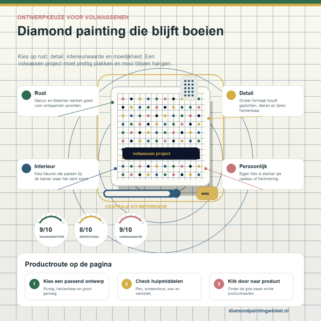 Premium reference infographic voor Diamond painting voor volwassenen: zo kies je een ontwerp dat blijft boeien