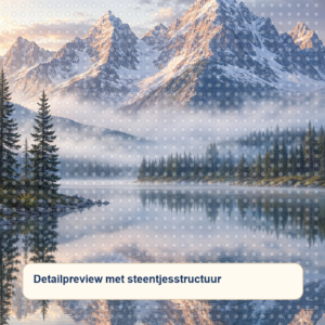 Diamond painting pakket alpenmeer bij zonsopkomst met hoofdbeeld en sfeerbeelden detailpreview
