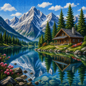 Diamond painting pakket met Alpenmeer, bergen en houten chalet