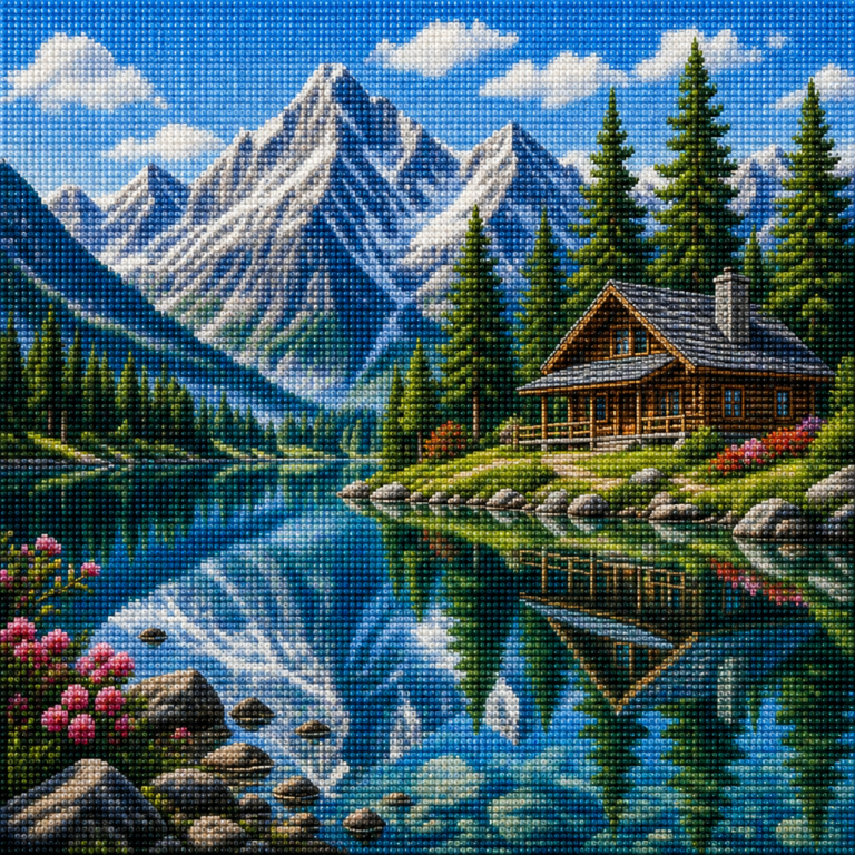 Diamond painting pakket met Alpenmeer, bergen en houten chalet