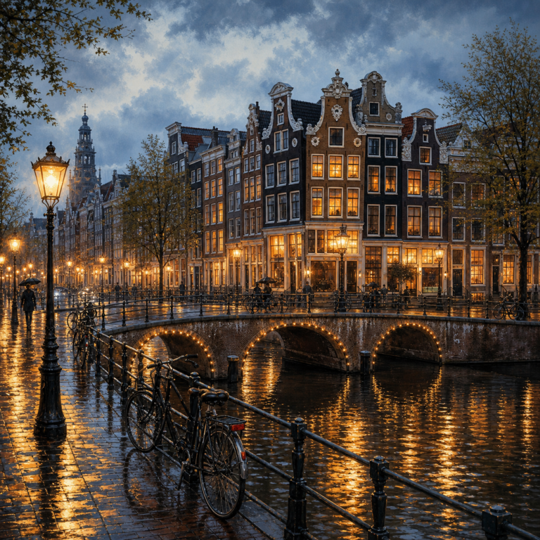 Diamond painting pakket amsterdamse grachtenavond met hoofdbeeld en sfeerbeelden