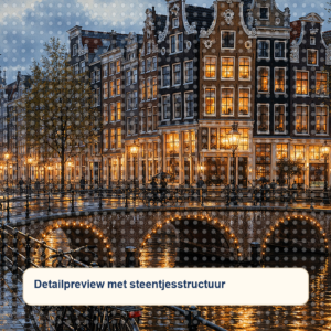 Diamond painting pakket amsterdamse grachtenavond met hoofdbeeld en sfeerbeelden detailpreview