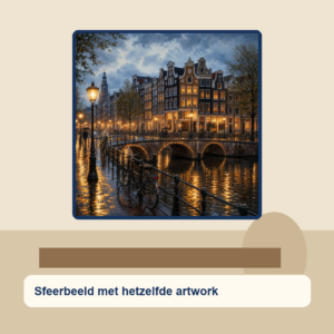 Diamond painting pakket amsterdamse grachtenavond met hoofdbeeld en sfeerbeelden sfeerbeeld