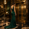 Realistische diamond painting met art deco vrouw in emerald avondjurk en gouden hotelinterieur