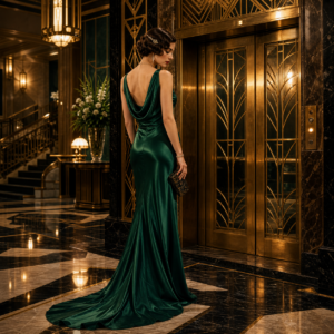 Realistische diamond painting met art deco vrouw in emerald avondjurk en gouden hotelinterieur