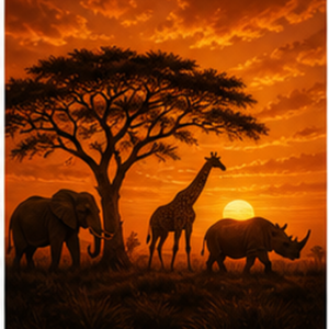 Diamond painting pakket big five safari bij zonsondergang met hoofdbeeld en sfeerbeelden