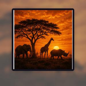 Diamond painting pakket big five safari bij zonsondergang met hoofdbeeld en sfeerbeelden sfeerbeeld