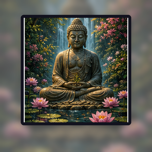 Diamond painting pakket boeddha bij lotusvijver met hoofdbeeld en sfeerbeelden sfeerbeeld