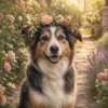 Diamond painting pakket bordercollie in bloementuin met hoofdbeeld en sfeerbeelden