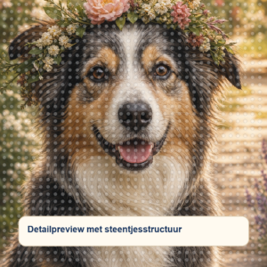 Diamond painting pakket bordercollie in bloementuin met hoofdbeeld en sfeerbeelden detailpreview