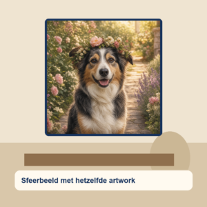 Diamond painting pakket bordercollie in bloementuin met hoofdbeeld en sfeerbeelden sfeerbeeld