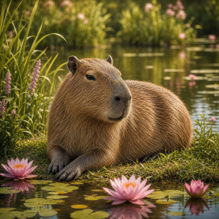 Diamond painting pakket capibara bij waterlelies met hoofdbeeld en sfeerbeelden