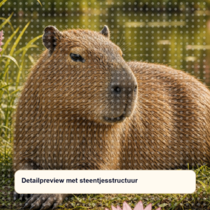 Diamond painting pakket capibara bij waterlelies met hoofdbeeld en sfeerbeelden detailpreview