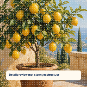 Diamond painting pakket citroenboom op mediterraans terras met hoofdbeeld en sfeerbeelden detailpreview